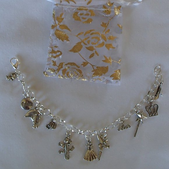 Cinderella Fairy Tale Theme Charm Bracelet Handcrafted + Organza Roses Gift Bag - Picture 3 of 11